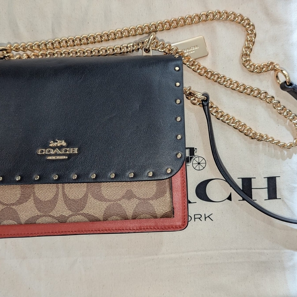 Coach Black and Tan Crossbody Bag with Gold Chain